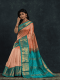 Pure handloom Korvai Silk Cotton Saree in Peach and Azure Blue Border - 054