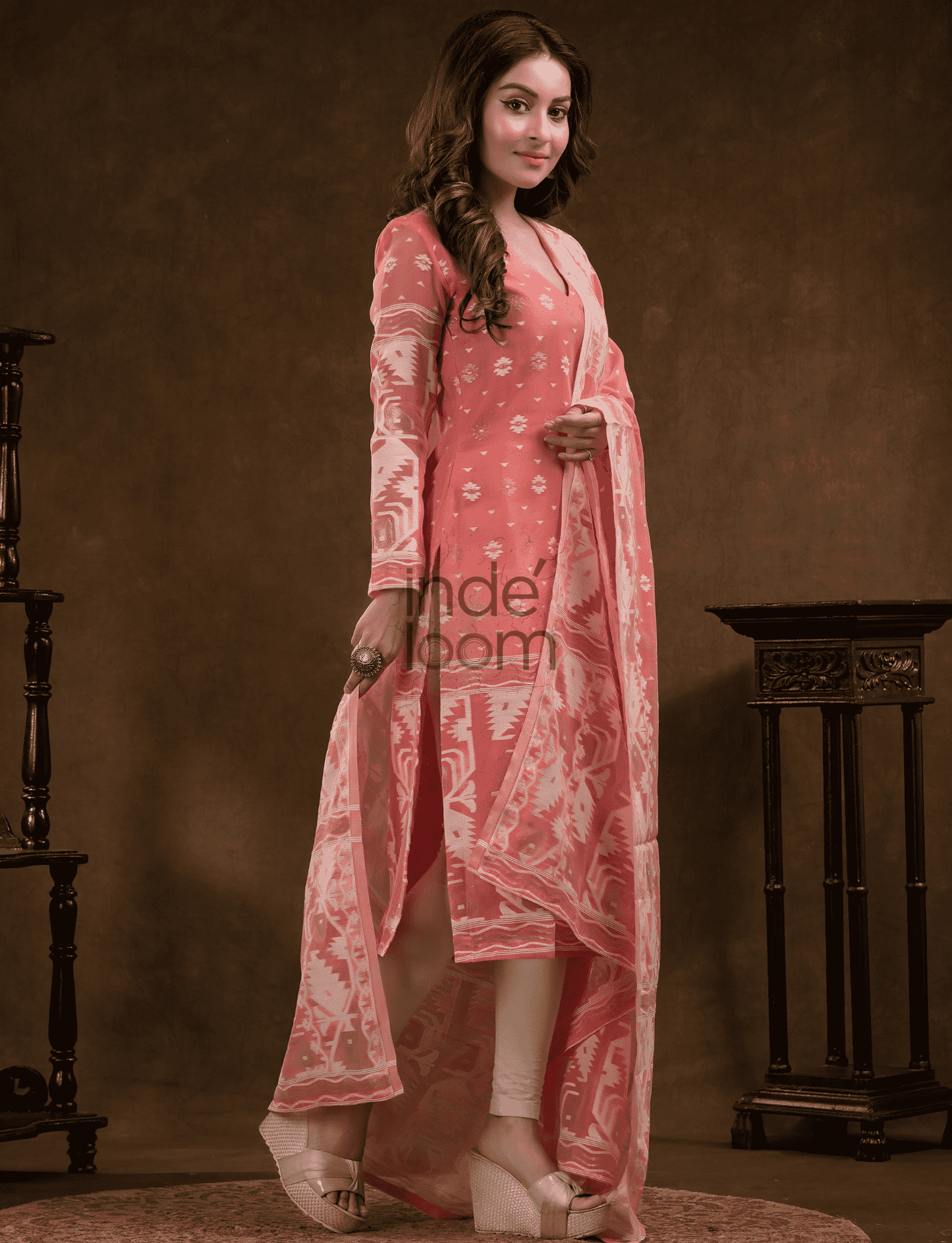 Rose Pink Cotton Silk Jamdani 2-Piece Set Kurti & Dupatta (UNSTITCHED) - 381