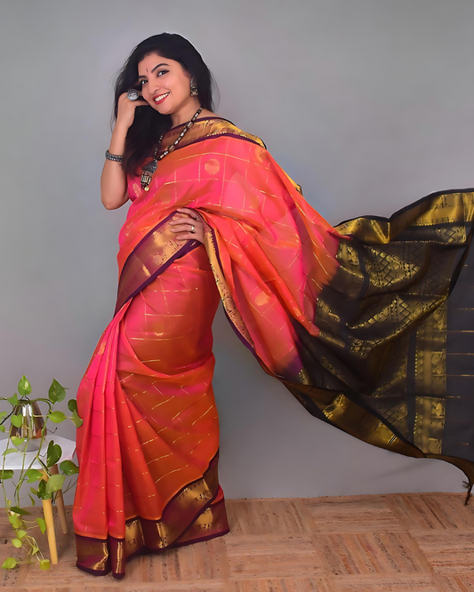 Korvai Saree Mayil Chakram with Zari Checks Punch Multishade Pink and Golden Black Border - 147