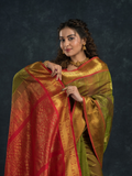 Korvai Saree Mayil-Chakram with Zari Checks Olive Green And Red Border - 121