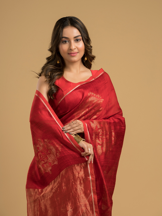 Apple Red Matka Silk Jamdani Saree - 044