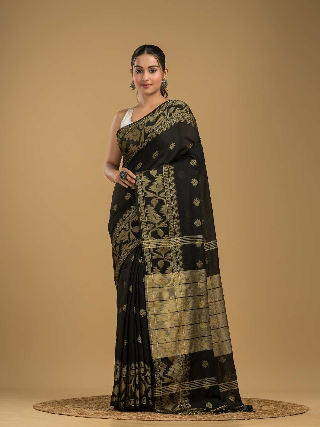 Coal Black Cotton Silk Jamdani Saree - 010