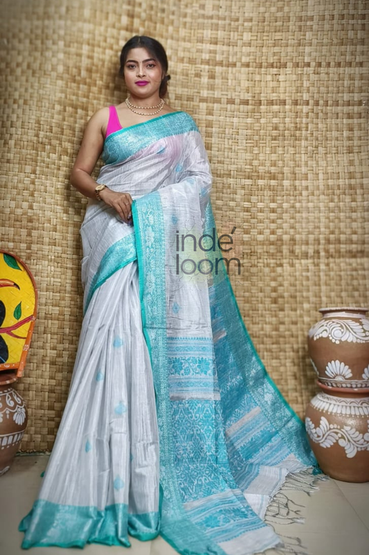 Tissue Silk Benarashi Jamdani Saree with Sky Blue Border-102