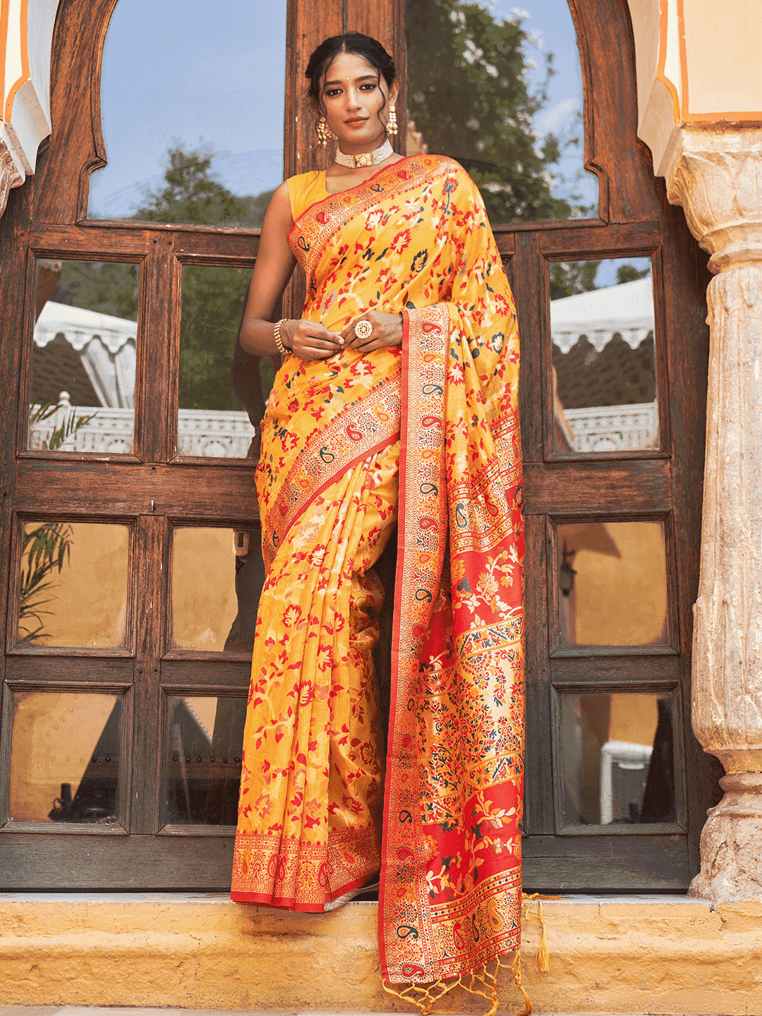 Paithani Floral Saree In Mustard Yellow (Precision Looms) - 007