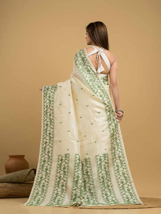 Lace White Tussar Silk Jamdani Saree - 051