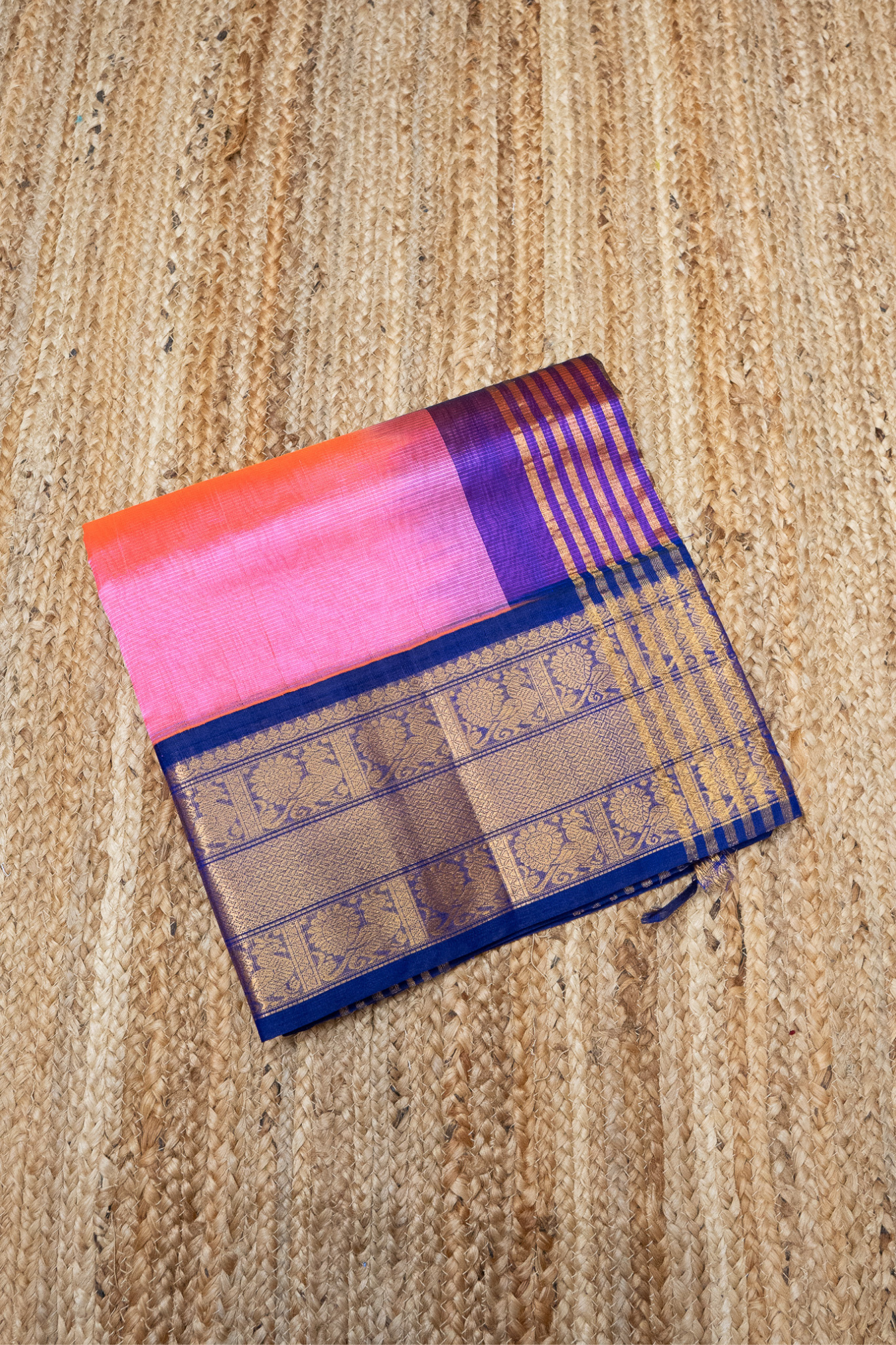 Pure Handloom Korvai Silk Cotton Saree in Hot Pink with Golden Blue Border - 112