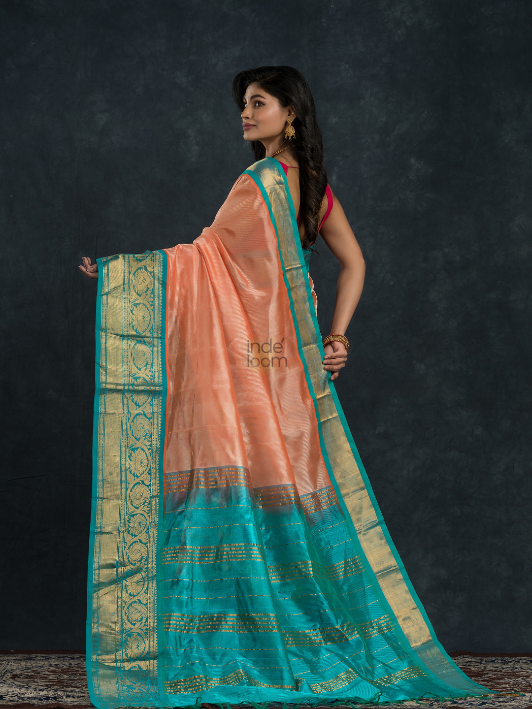 Korvai Saree in Pink - Azure Blue Border - 054