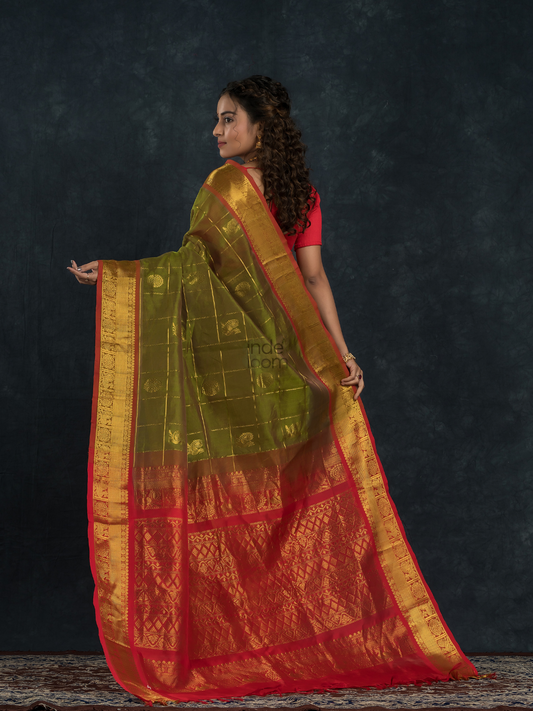 Korvai Saree Mayil-Chakram with Zari Checks Olive Green And Red Border - 121