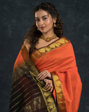 Pure handloom Korvai Saree classic Fire Orange and Black Border - 127