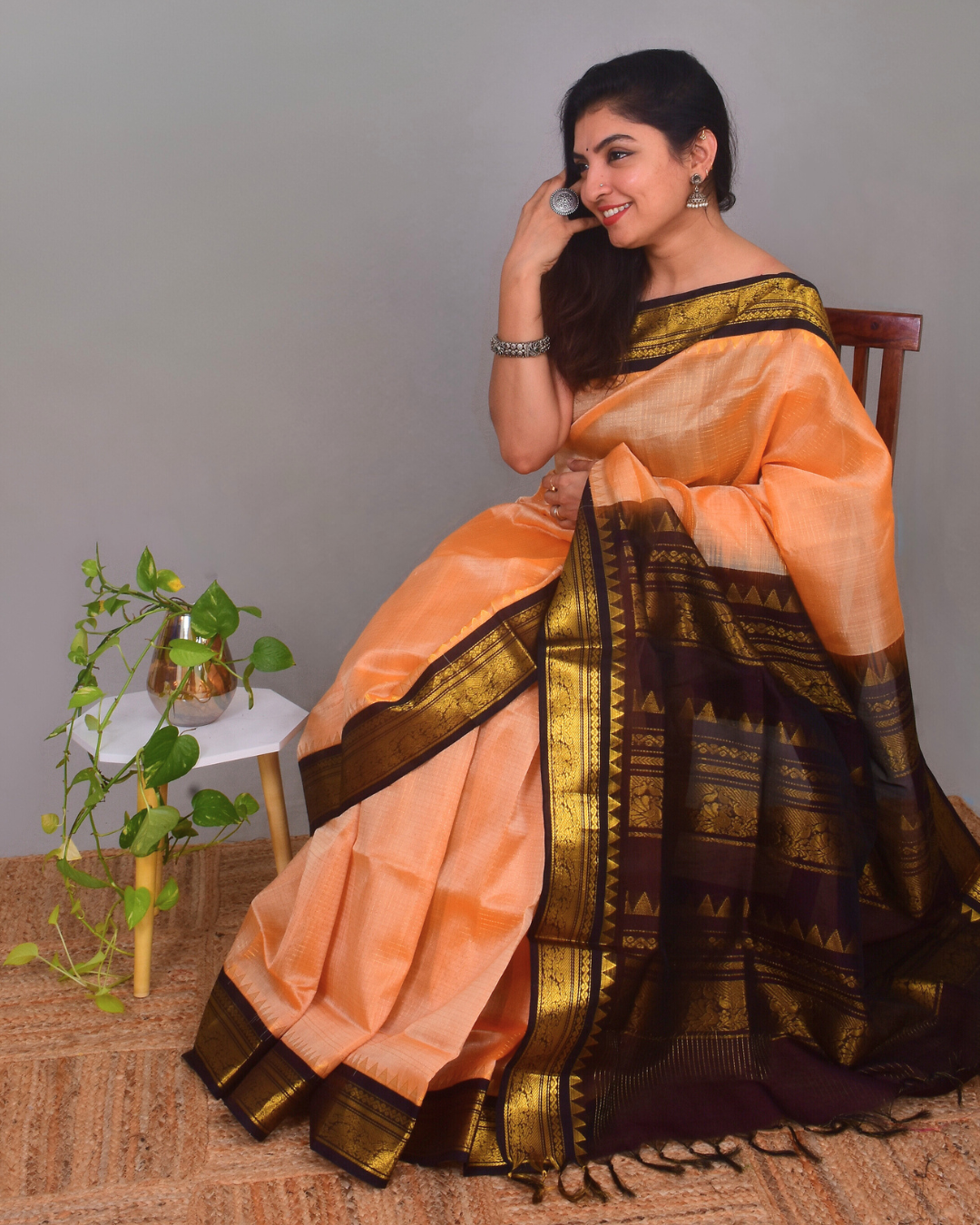 Korvai Saree with Zari Checks Sand Brown and Black Border - 135