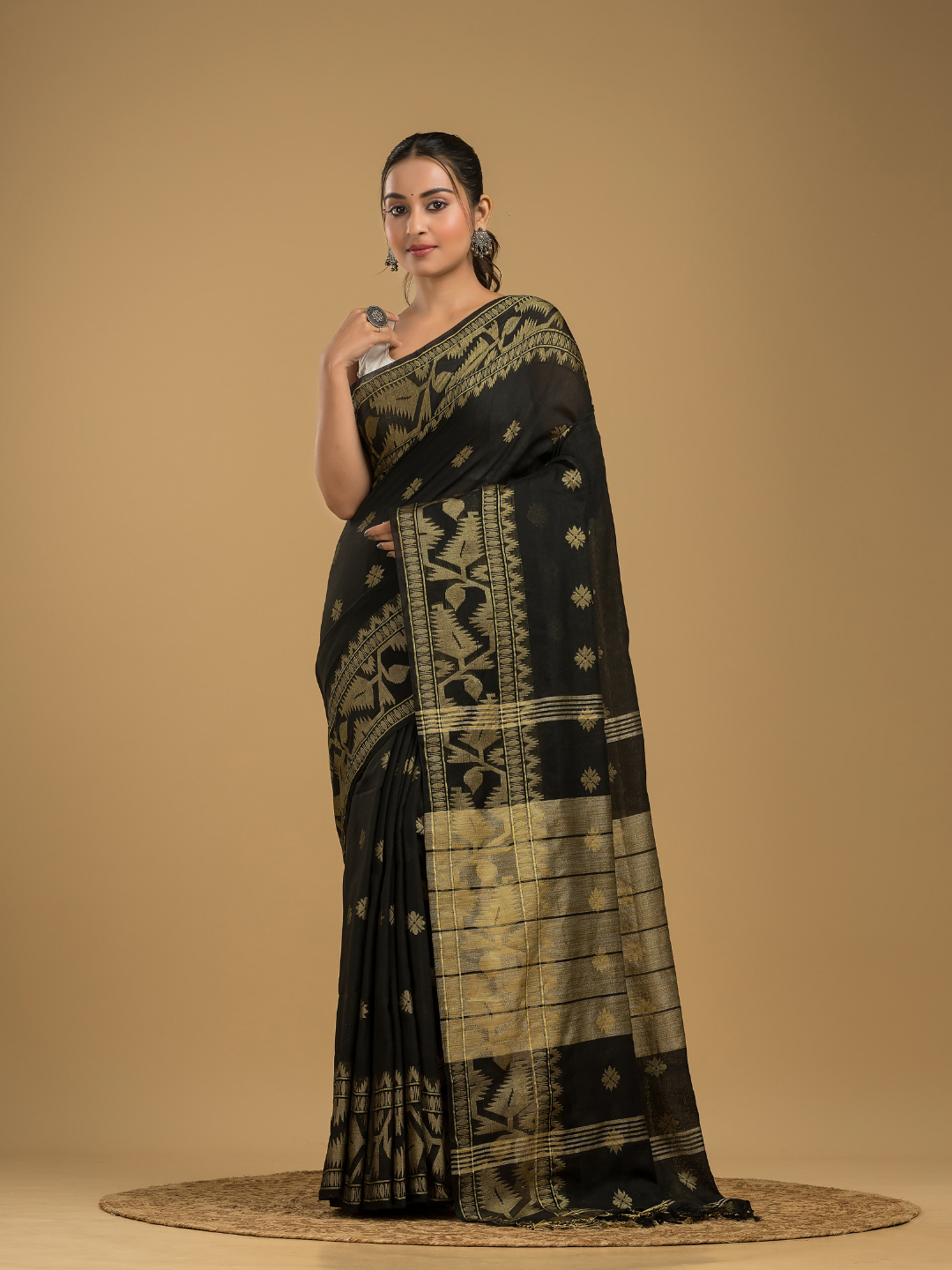 Coal Black Cotton Silk Jamdani Saree - 010