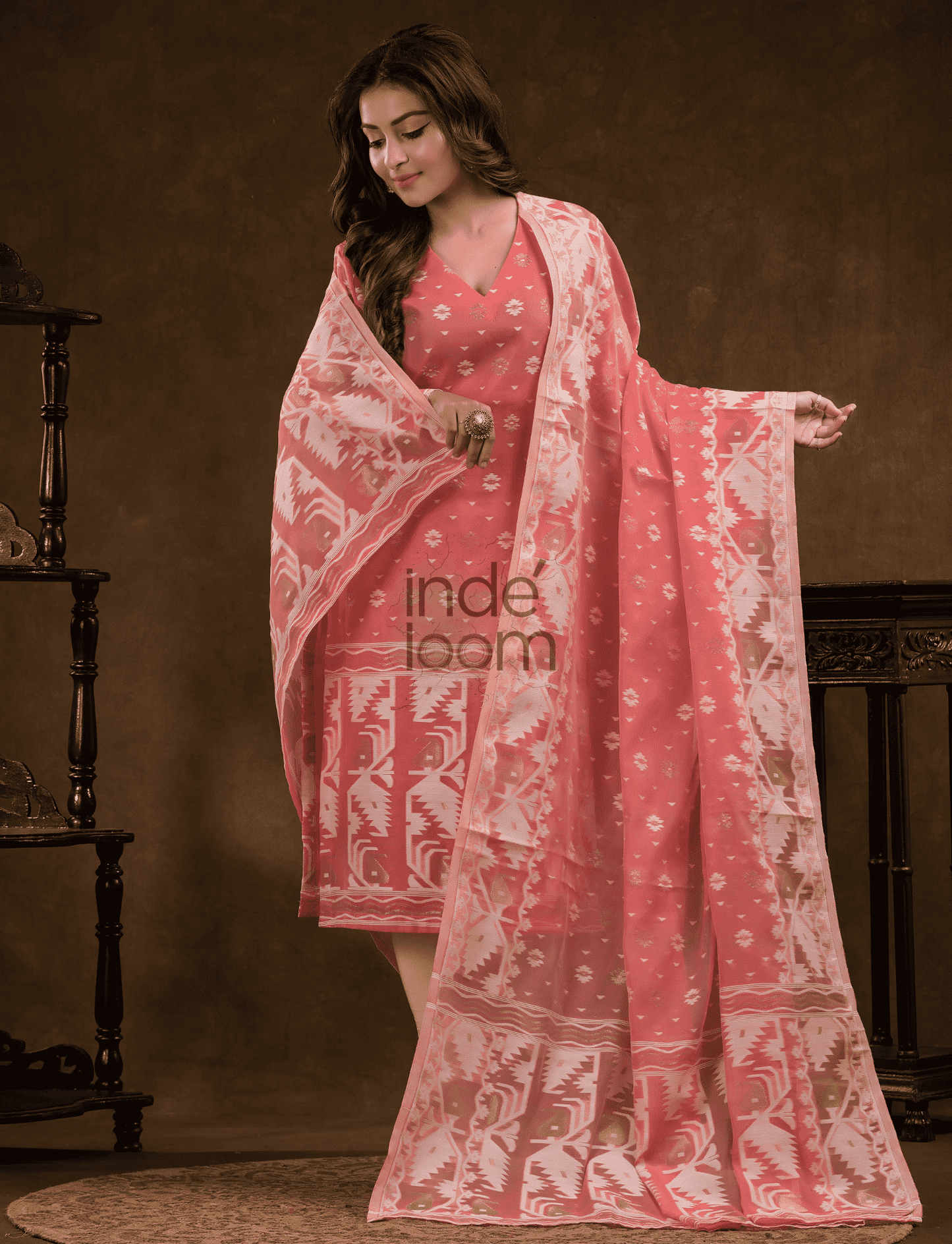 Rose Pink Cotton Silk Jamdani 2-Piece Set Kurti & Dupatta (UNSTITCHED) - 381