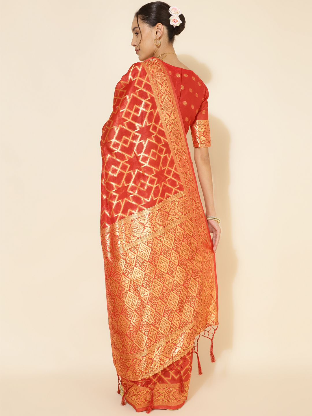 Chanderi Silk Woven Geometric Saree in Classic Red (Precision Looms) -003