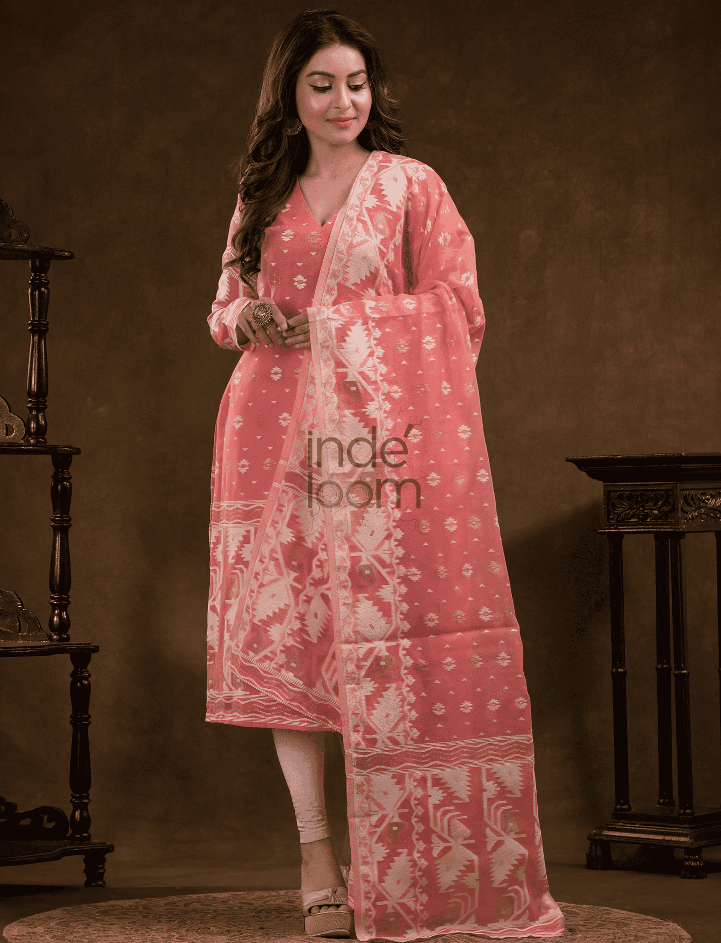 Rose Pink Cotton Silk Jamdani 2-Piece Set Kurti & Dupatta (UNSTITCHED) - 381