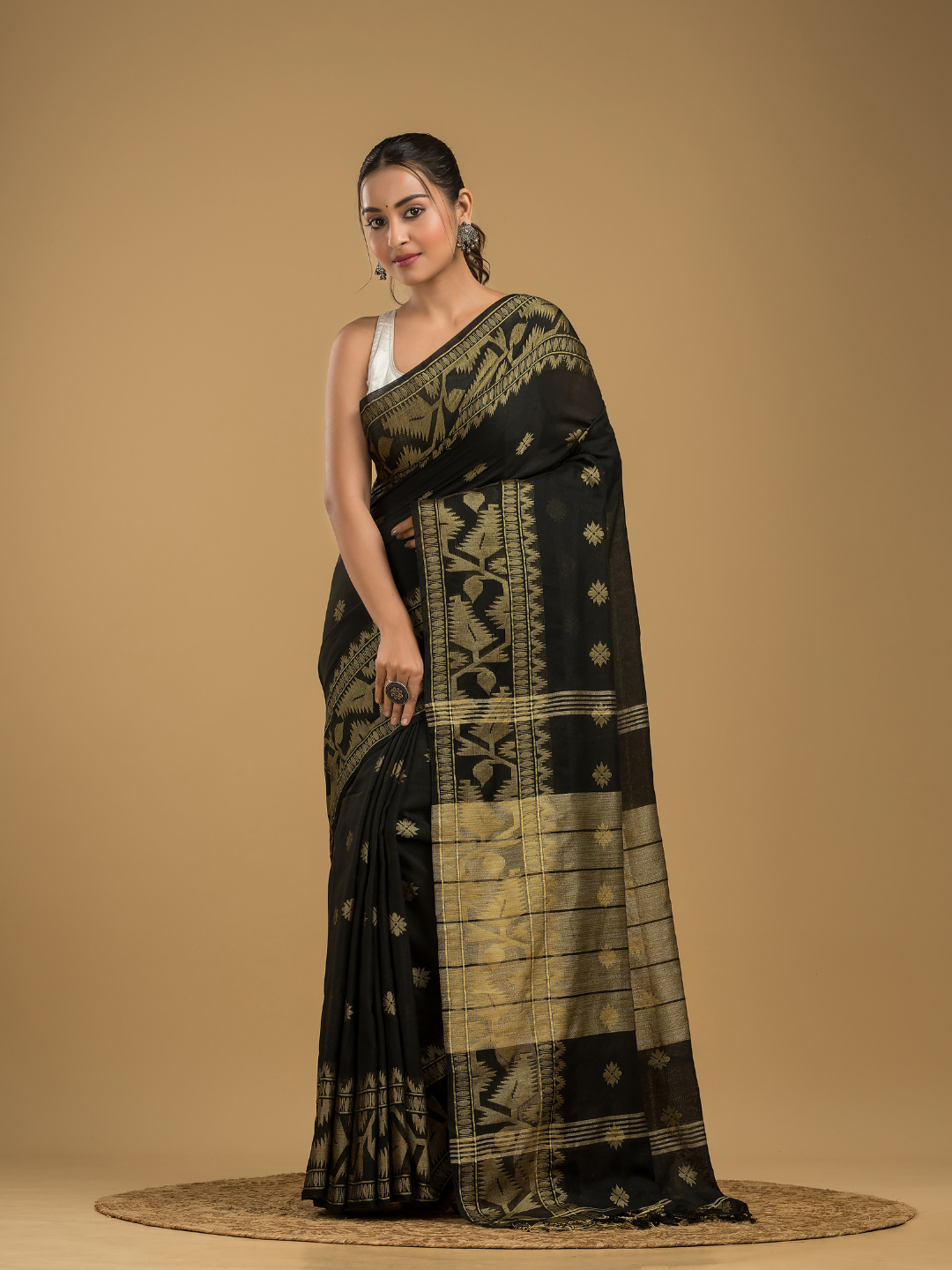 Coal Black Cotton Silk Jamdani Saree - 010