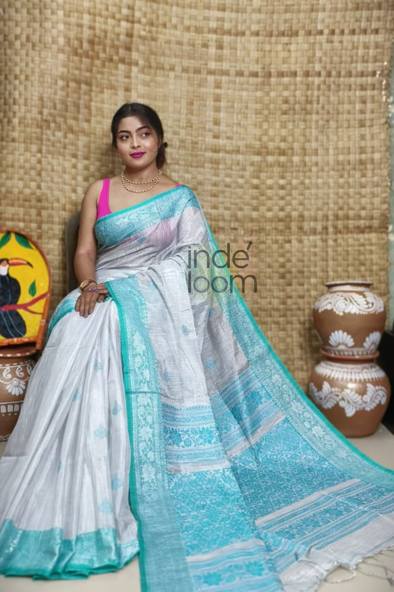 Tissue Silk Benarashi Jamdani Saree with Sky Blue Border-102