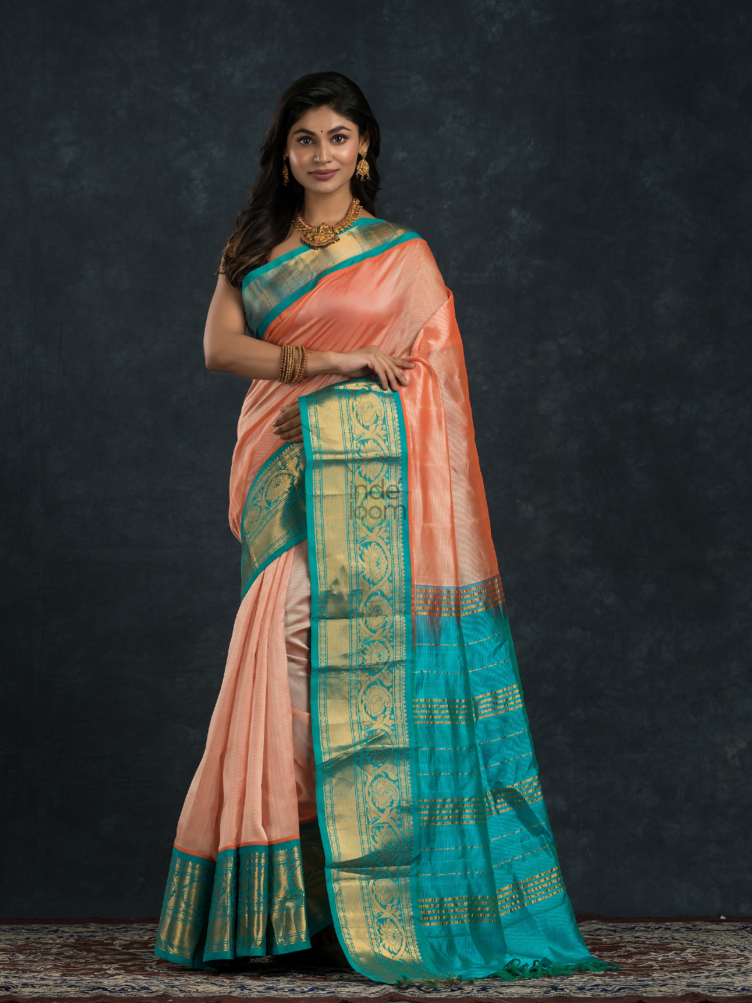 Korvai Saree in Pink - Azure Blue Border - 054