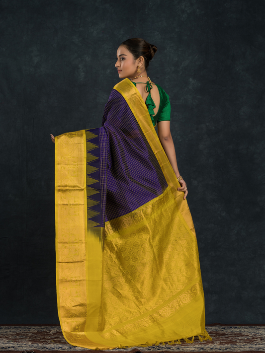 Korvai Saree Navy Blue With Golden Yellow Border - 0107