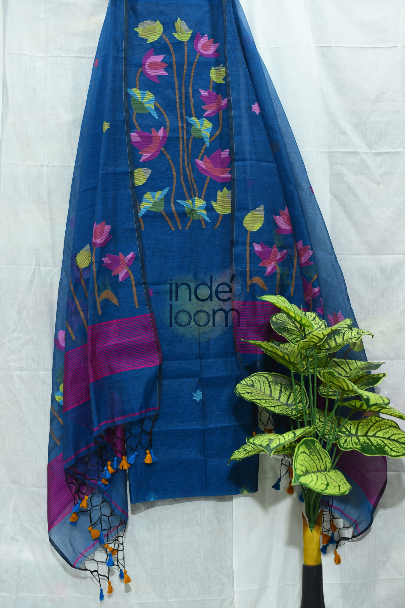 Cotton Jamdani 2 Piece Set Kurti & Dupatta with Yale Blue - Jamdani Kurti - 149