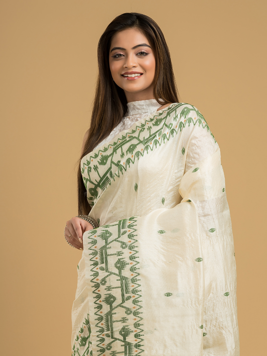 Lace White Tussar Silk Jamdani Saree - 051