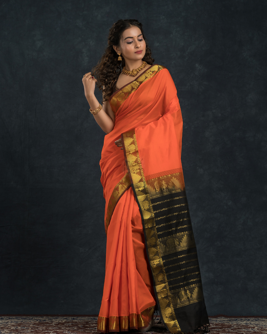 Pure handloom Korvai Saree classic Fire Orange and Black Border - 127