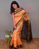 Korvai Saree with Zari Checks Sand Brown and Black Border - 135