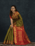 Pure Handloom Korvai Silk Cotton Mayil-Chakram Saree in Olive Green And Red Border with Zari Checks - 121