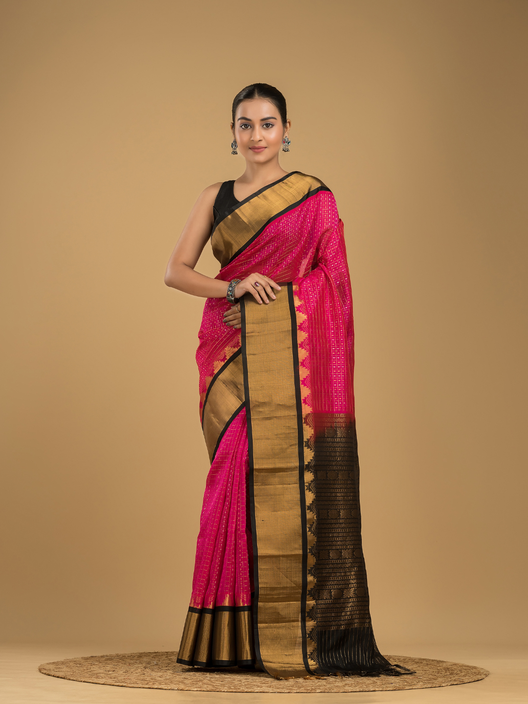 Korvai Saree Lakshadeepam Hot Pink with Black Border - 114