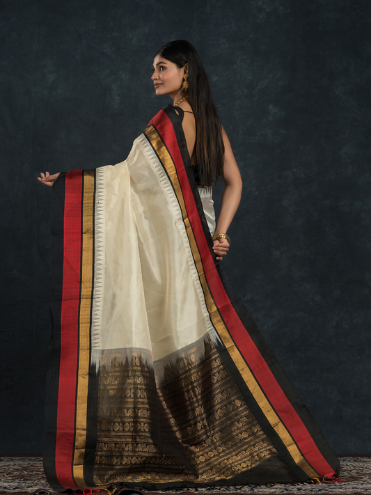 Korvai Saree with Temple border Pearl White and Red Black Border - 124