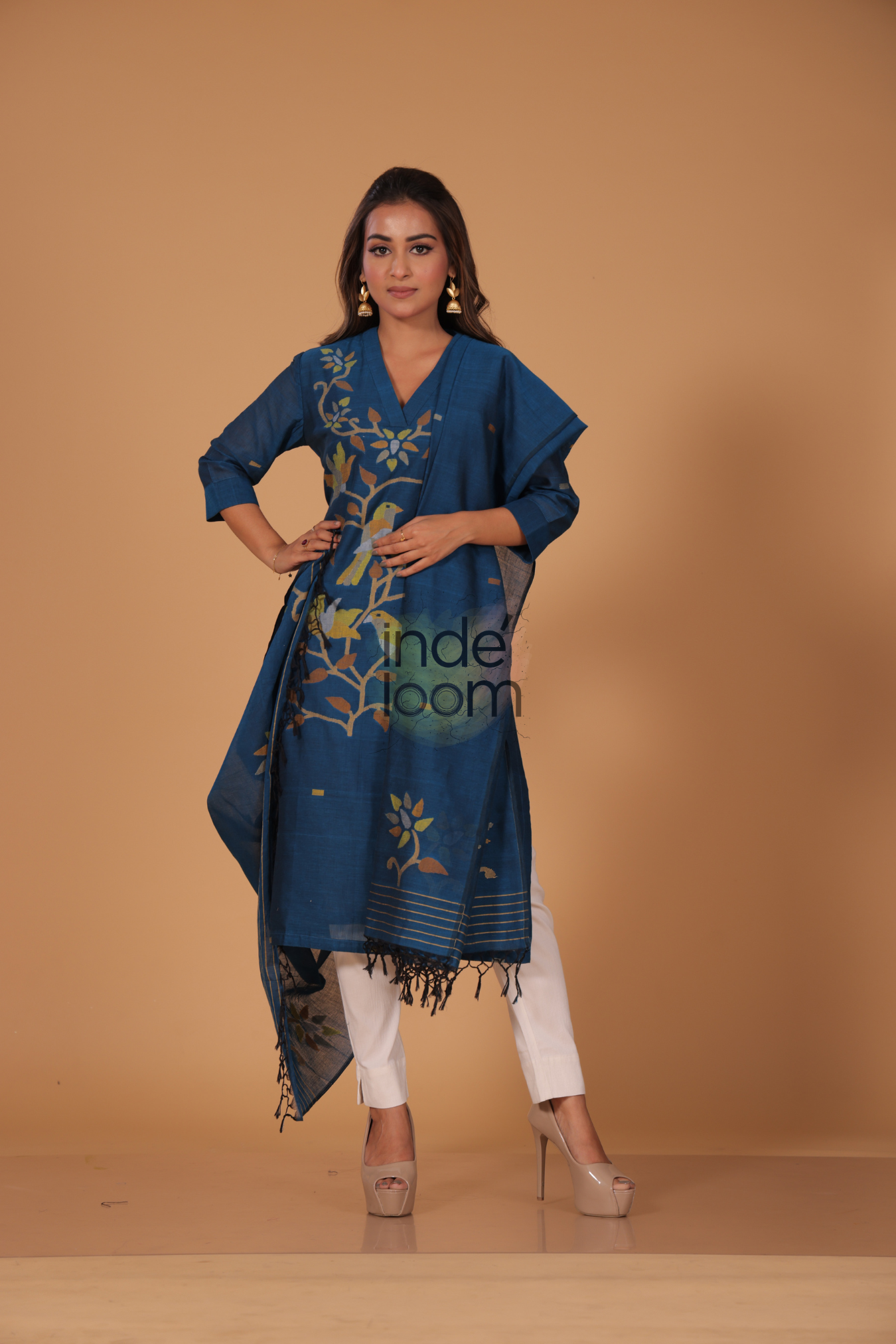 Muslin Jamdani 2-Piece Set Kurti & Dupatta (UNSTITCHED) - Dark Blue - 088