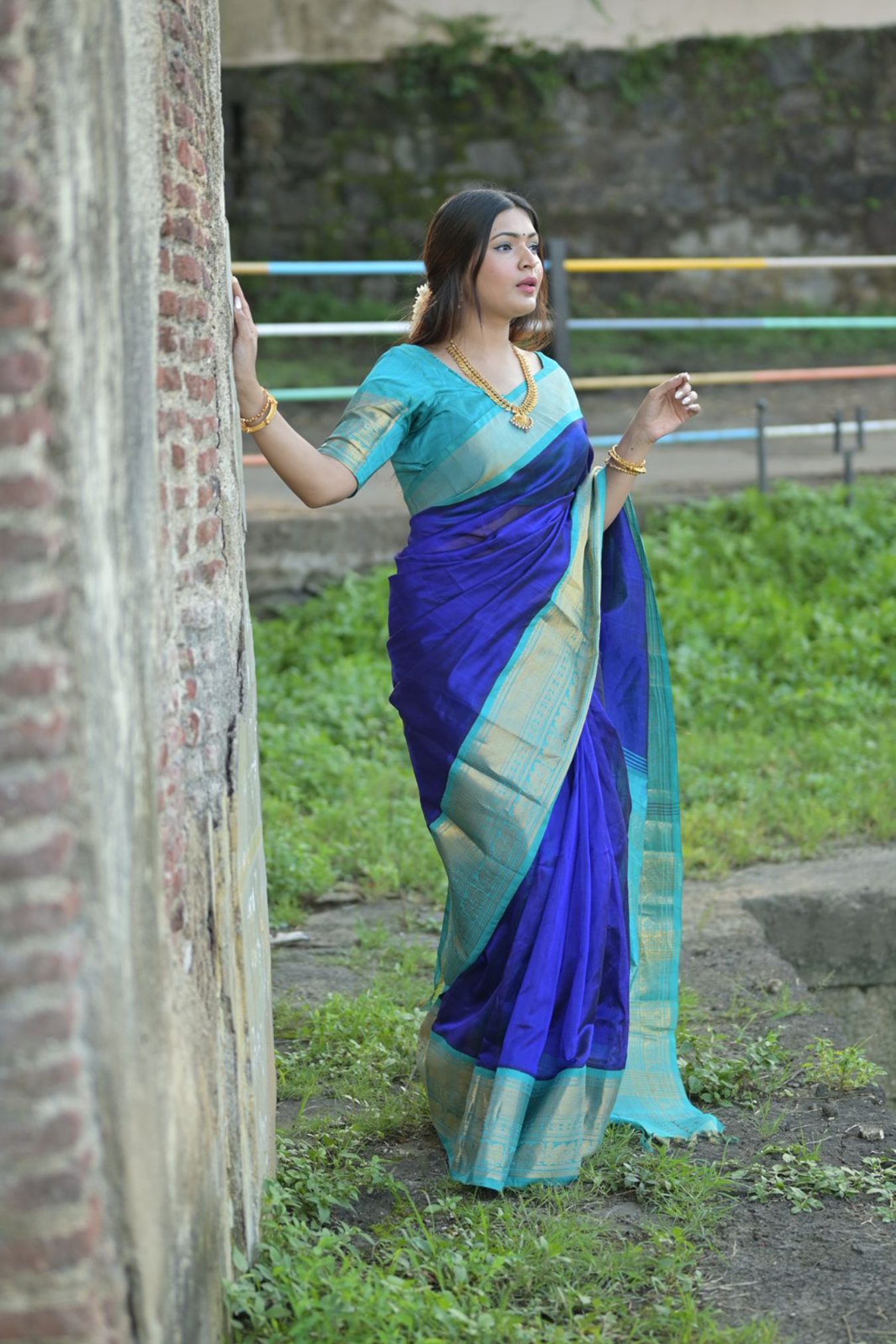 Korvai Saree Royal Blue Cyan Blue Golden Border - 122