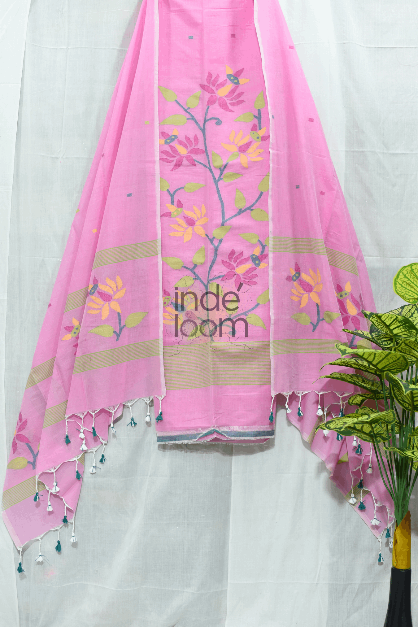 Cotton Jamdani 2 Piece Set Kurti & Dupatta with Baby Pink - Jamdani Kurti - 155