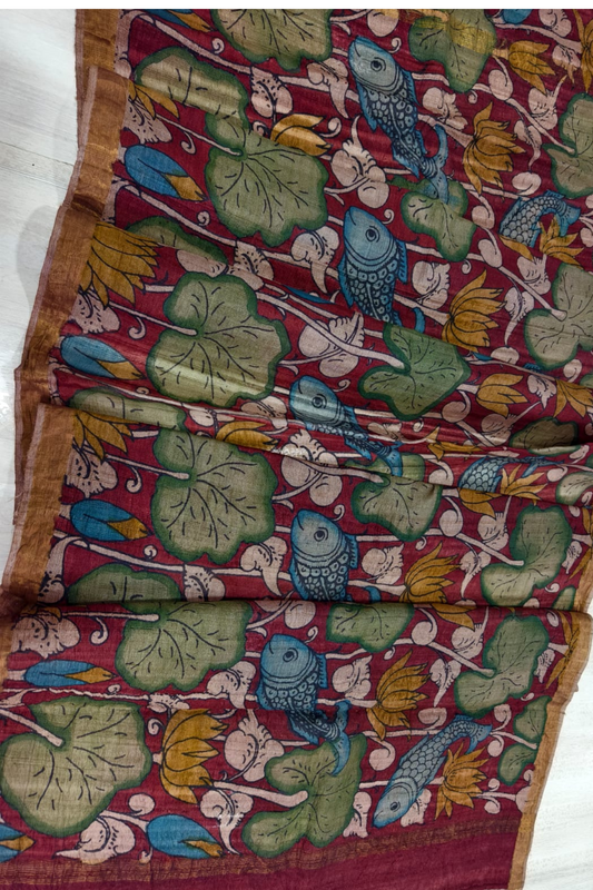 Ruby Red Design Tussar Silk Kalamkari Dupatta -020