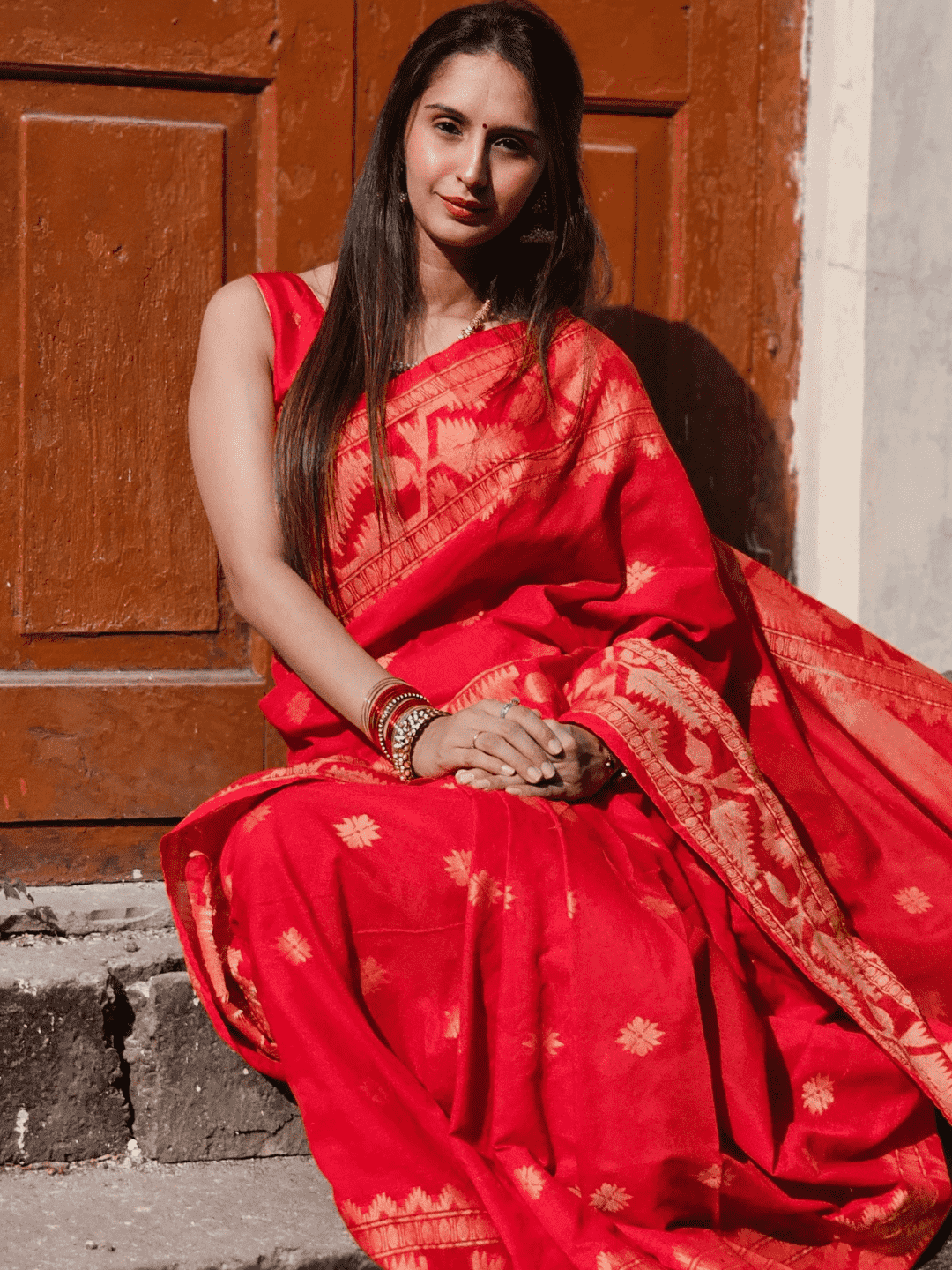 Classic Red Cotton Silk Jamdani Saree - 018 - indeloom