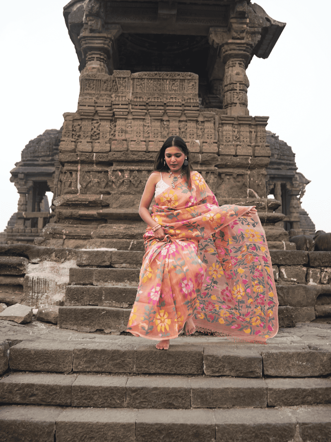 Coral Orange Jamdani Saree - 060 - indeloom