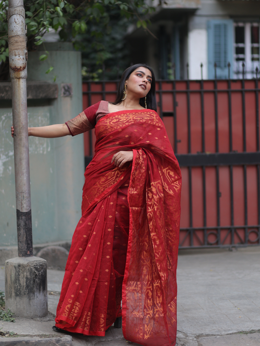 Dark Brown Cotton Silk Jamdani Saree - 004