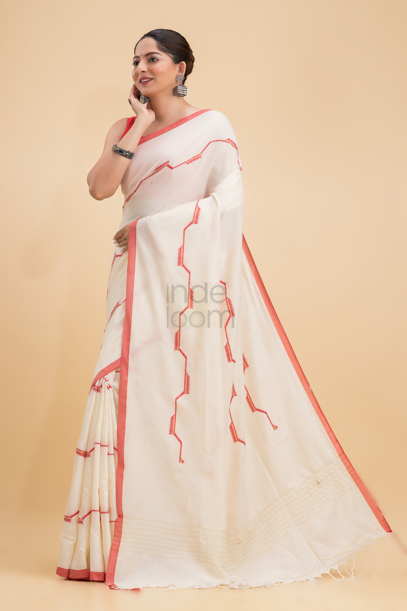 Durga Puja Saree Handloom Cotton in Red White- 001