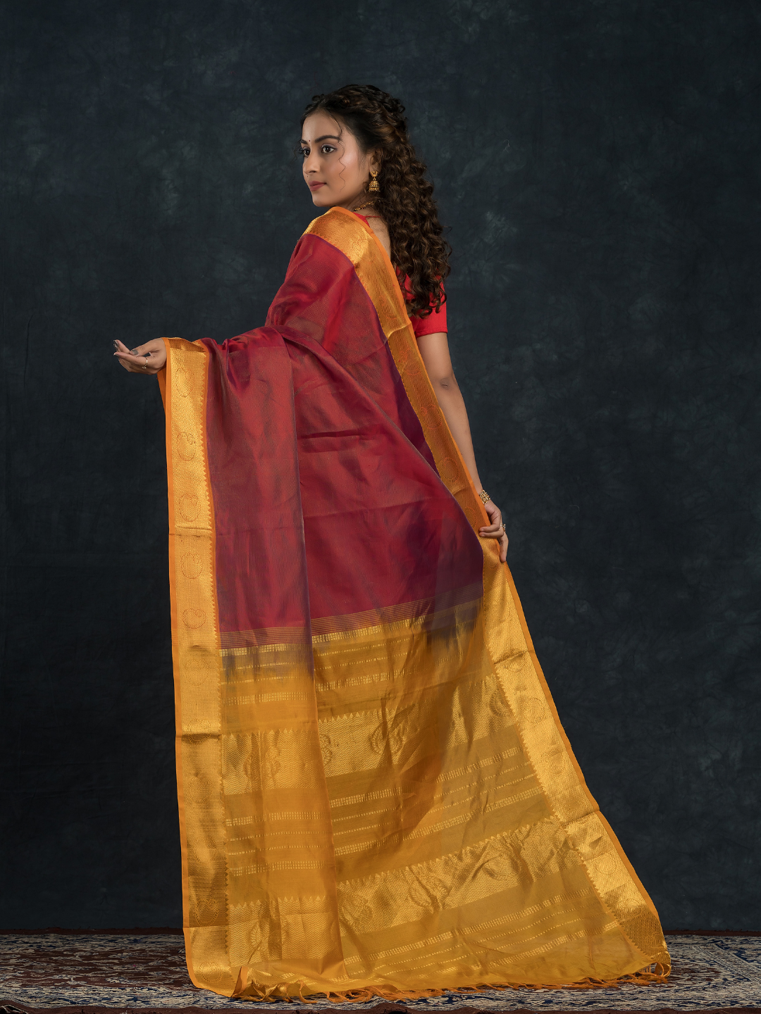 Korvai Saree With Chilli Red and Golden Yellow Border- 023