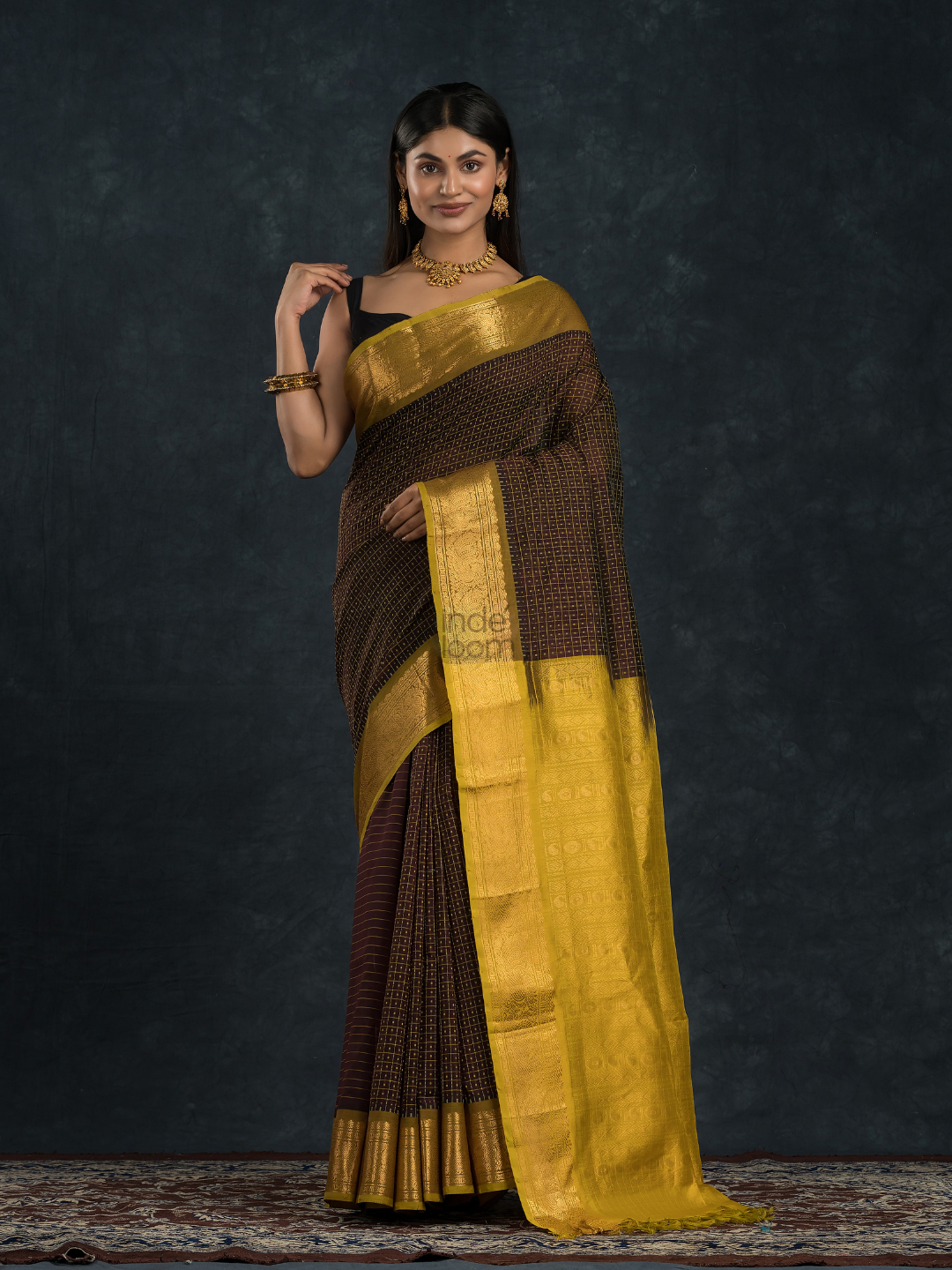 Korvai Saree Lakshadeepam black with olive green border and yellow Border - 134