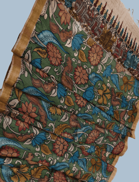 Pen Kalamkari Tussar Silk Dupatta in Olive Green -027