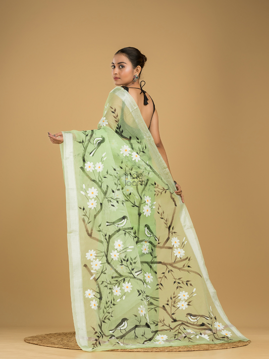 Kota Doria Handpainted  Saree With Mint Green - 001