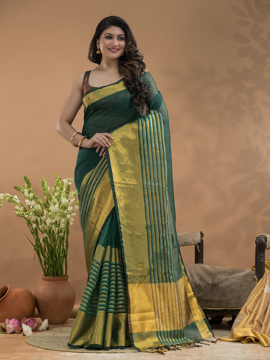 Tissue Silk Saree In Dark Green  -032