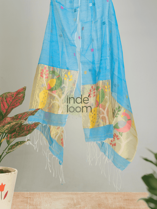 Aqua Blue Paithani Jamdani Dupatta -003 - indeloom