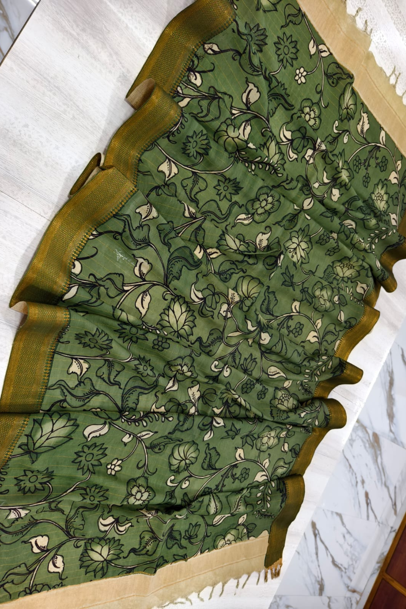 Jungle green  Design With Olive Green Border  Bangalore silk Kalamkari Dupatta  -005