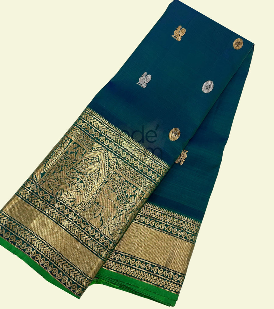 Peacock Blue  with Leaf Green  and Golden Border Kanjivarm Silk Saree-22