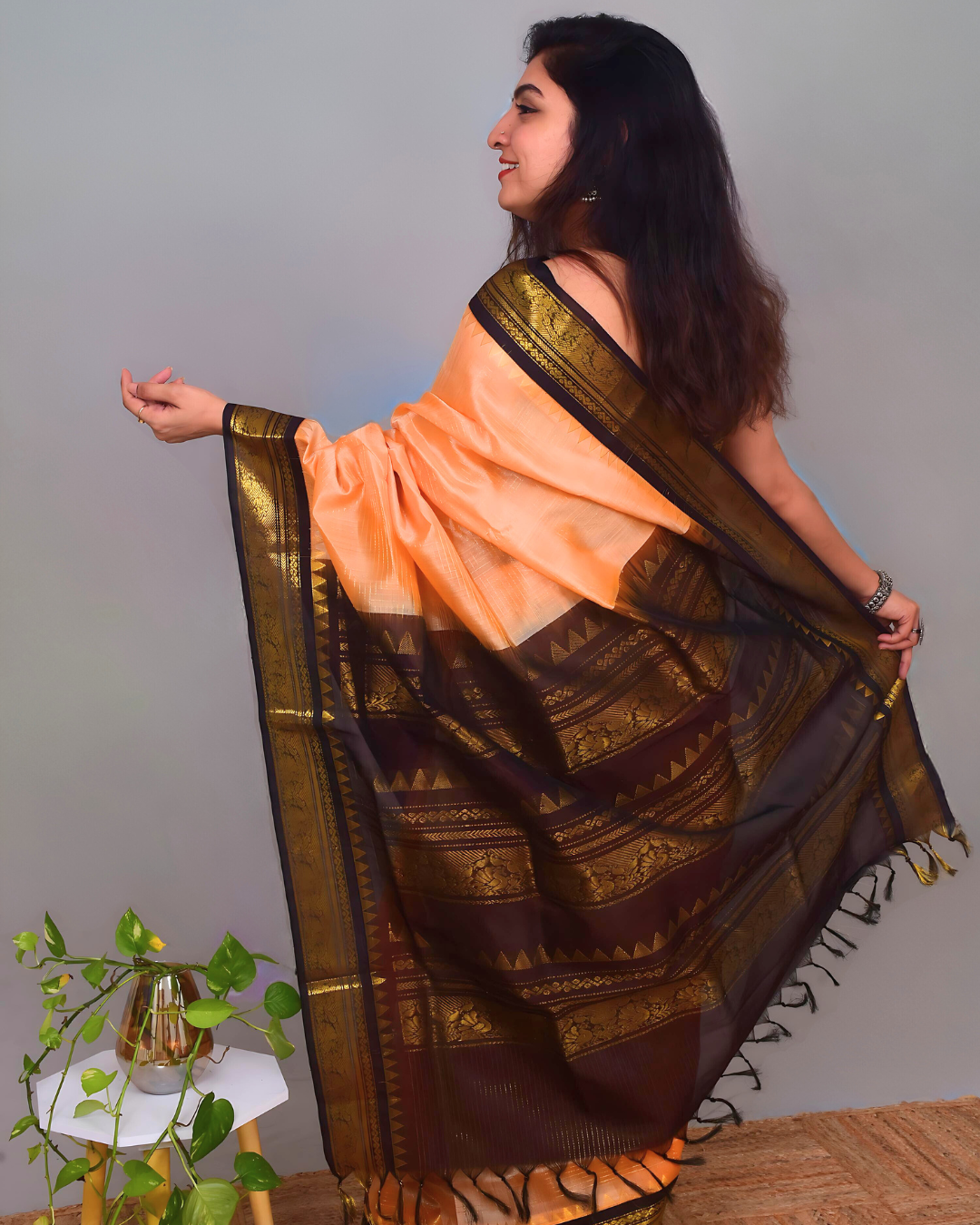 Korvai Saree with Zari Checks Sand Brown and Black Border - 135