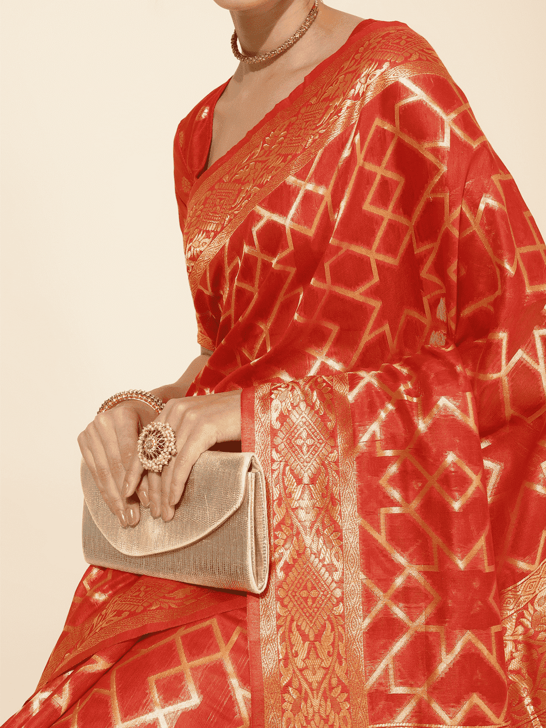 Chanderi Silk Woven Geometric Saree in Classic Red (Precision Looms) -003