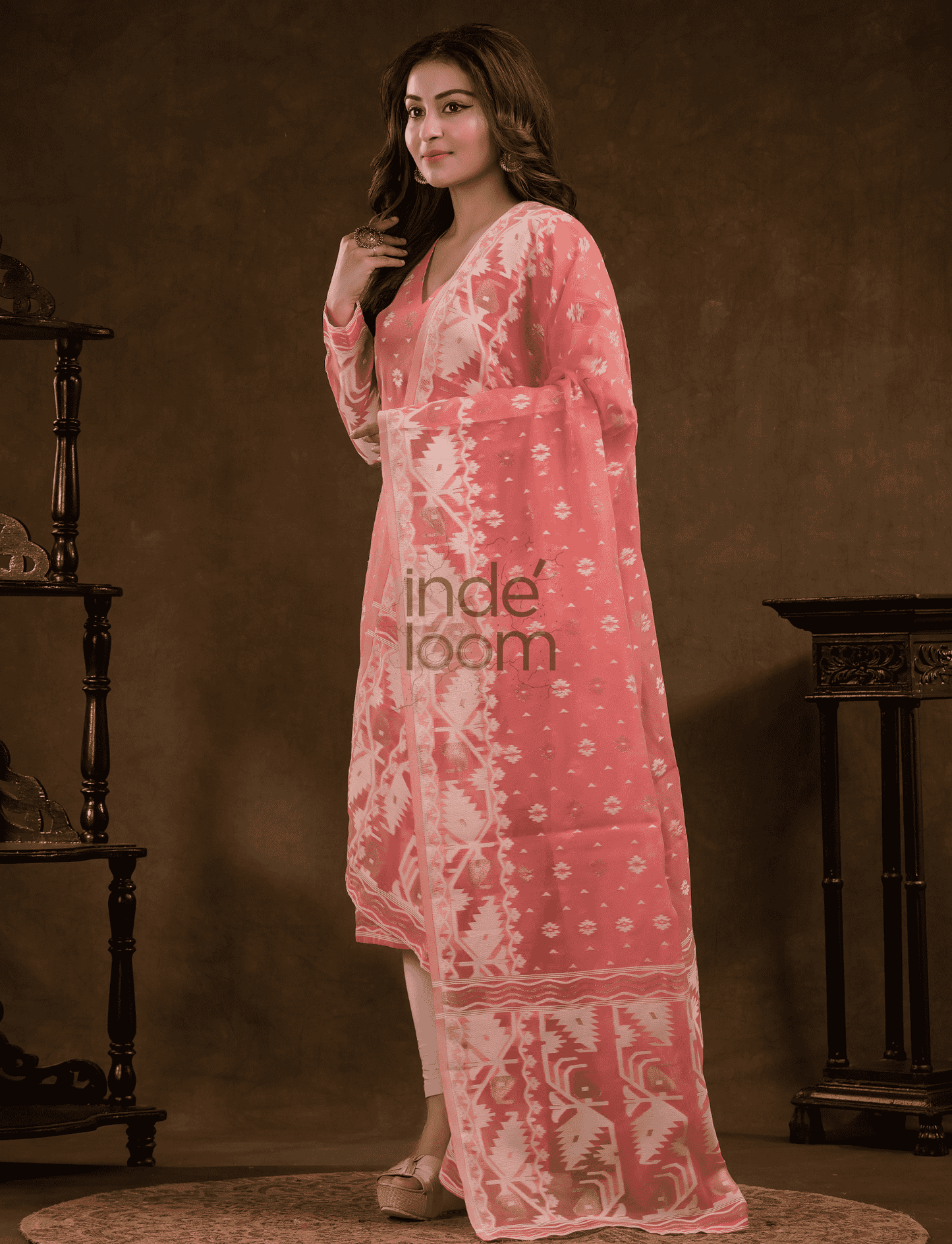 Rose Pink Cotton Silk Jamdani 2-Piece Set Kurti & Dupatta (UNSTITCHED) - 381