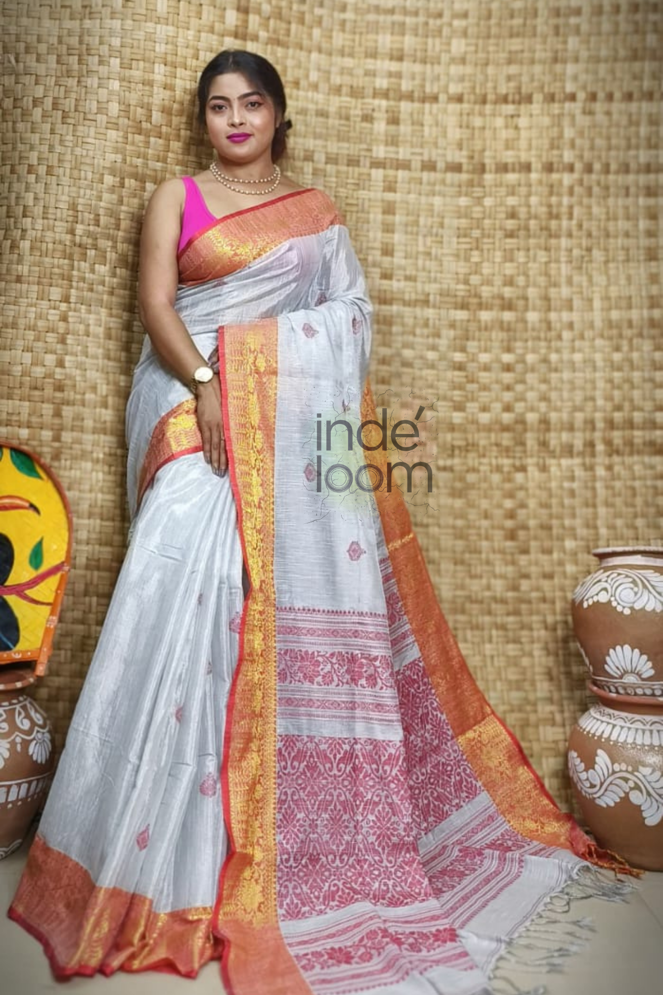 Tissue Silk Benarashi Jamdani Saree with  Golden Border-106