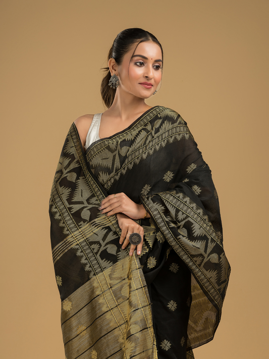 Coal Black Cotton Silk Jamdani Saree - 010